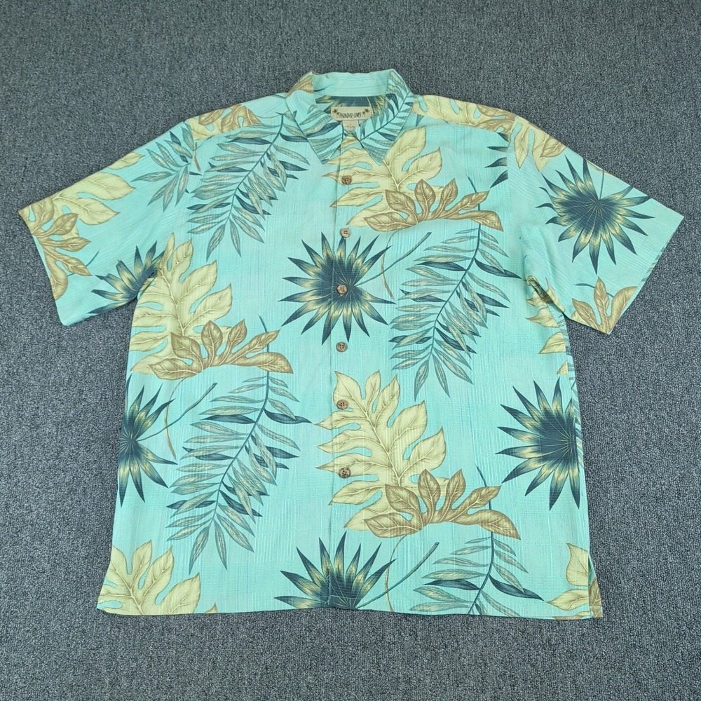Paradise Coves‎ Tropical Hawaiian Shirt Mens L Aqua Blue Green 100% Silk Floral
